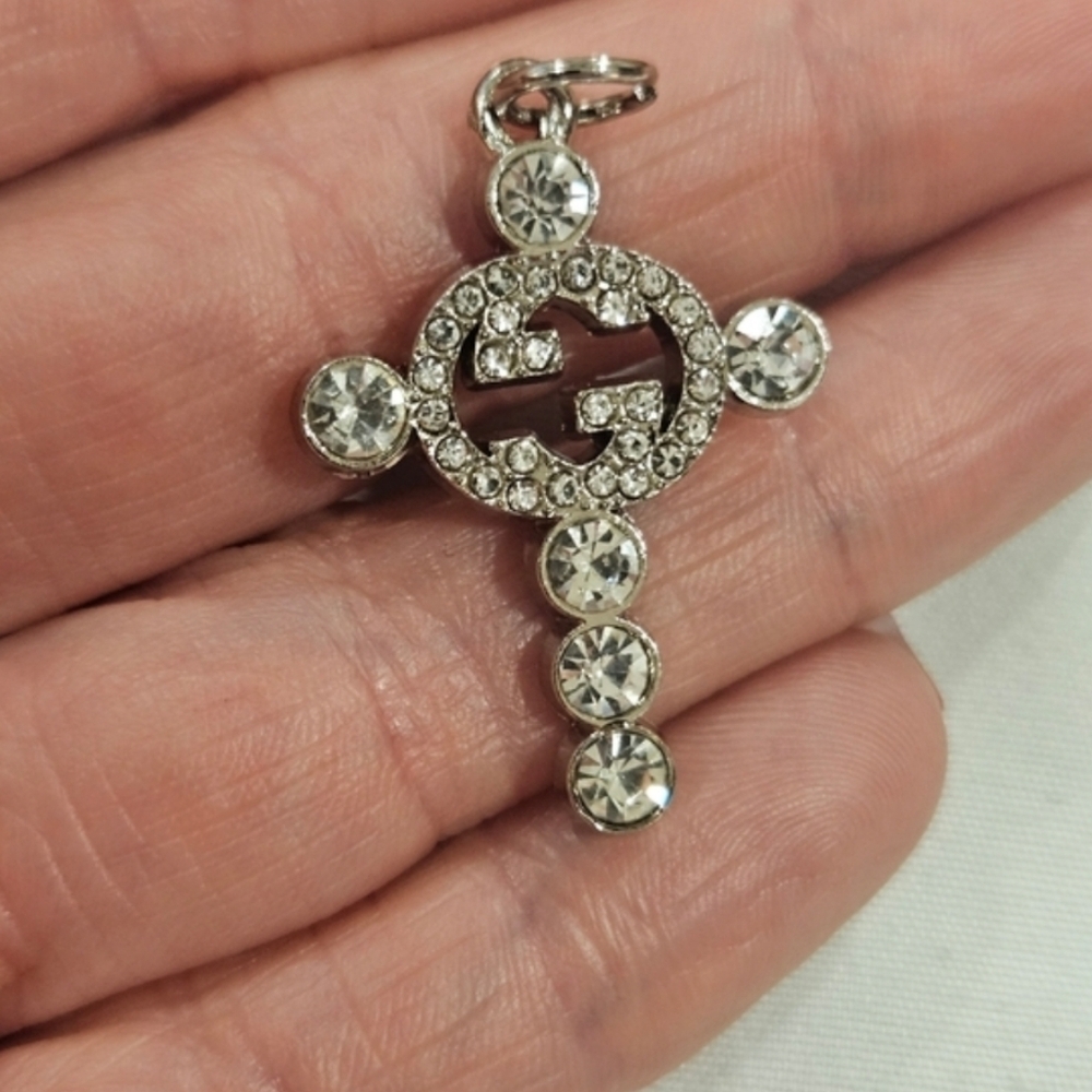 Gucci Stamped Silver & Crystal Cross Replacement Pull Pendant
